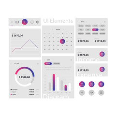 Web and app ui elements template on gray background. Minimal web interface with navigation, buttons, icons for use on the site. Daily ui