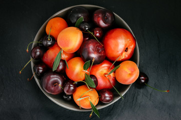 Fruit bowl. Seasonal fruits with green leaves in a bowl n rustic dark background, top view. Organic fresh fruit, peach, plum, aprocot, cherry.