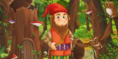 Obraz na płótnie Canvas cartoon scene with happy dwarf in the forest near some house in the old tree and near some owls birds - illustration for children