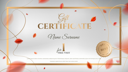 Gift certificate vector template design. Abstract creative autumn layout with red leaves and golden color rich elegant decoration