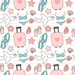 cute lovely travel and summer seamless vector pattern background illustration with suitcase, bikini, seashells, airplane, surfboard, flip flop and starfishes