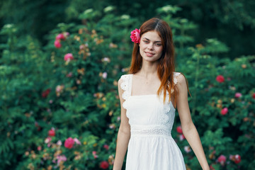 beautiful woman green leaves nature park