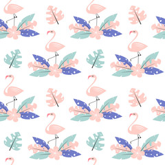 cute pink flamingo with exotic tropical leaves and flower seamless vector pattern background illustration