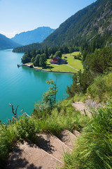 Höhenweg am Achensee mit Treppenstufen, beliebtes Ausflugsziel Gaisalm - obrazy, fototapety, plakaty