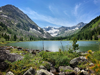 Beautiful landscape with mountains and lake in the summer morning, Altai