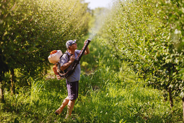 Side view of Caucasian mature peasant in working clothes, hat and with modern pesticide spray...