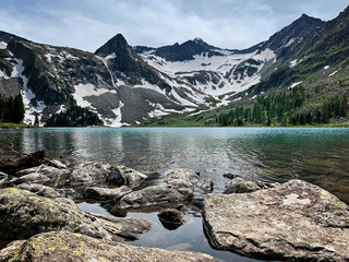 Beautiful landscape with mountains and lake in the summer morning, Altai