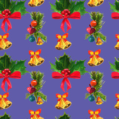 Seamless Christmas pattern, watercolor drawings and hand painted in a bright Christmas color palette. Birds, snowman, sleigh with gifts, pine branches, bells, bows, Christmas toys, balls, hearts, Rowa