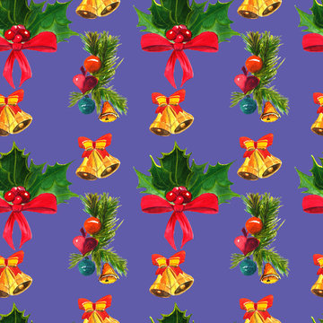 Seamless Christmas pattern, watercolor drawings and hand painted in a bright Christmas color palette. Birds, snowman, sleigh with gifts, pine branches, bells, bows, Christmas toys, balls, hearts, Rowa