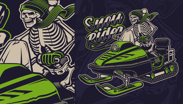 Vector illustration of a skeleton on the snowmobile