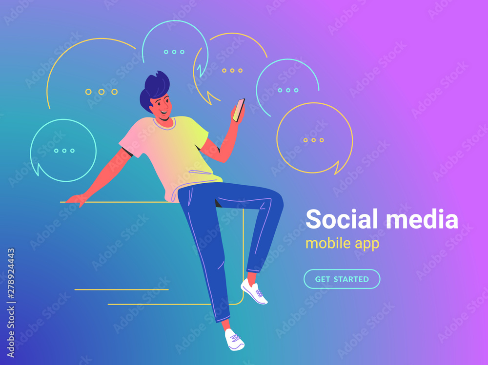 Poster man using mobile app concept vector illustration of young guy sitting with smartphone using mobile a