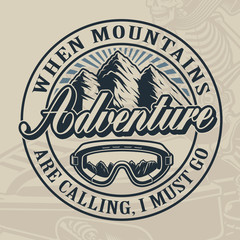 Vintage vector design with mountain and ski glasses.