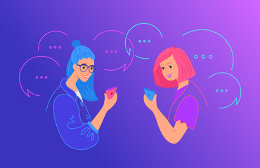 Social media chat and communication concept flat vector illustration. Two teenage girls using mobile smartphone