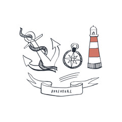 Set of nautical naval elements with anchor, compass and lighthouse. Marine handsketched icons. Vector