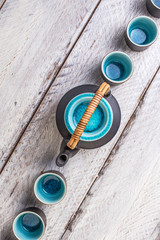 Tea set cup on  wooden  table