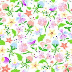 Hand drawn flower seamless pattern. Vintage floral elements seamless background. Cute template for fashion prints. Raster image.