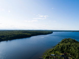 Aerial view on lake shore in summer day with green forest