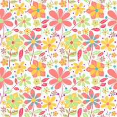 Fototapeta na wymiar Cute floral seamless background with simple vintage flowers. Raster repeat patterns with hand drawn flowers. Elegant template for fashion prints. Printing. Happy bright optimistic anti stress colors. 