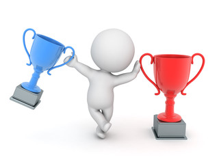 3D Character leaning on red trophy while holding red one