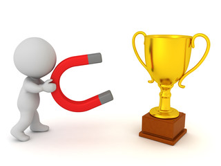 3D Character attracting gold trophy with magnet