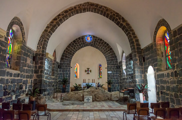 Tabgha, Israel - May 18 2019 : The Mensa Christi in Church of the Primacy of St. Peter., Tabgha,...