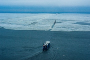 Icebreaker  in the sea. Winter sea.