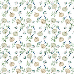 Watercolor pumpkins seamless pattern on white fone. Hand draw illustration. Perfect for craft projects, paper products, party decorations, printable, greetings cards, posters, the invitations.