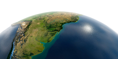 Fototapeta premium Detailed Earth on white background. South America. Rio de La Plata