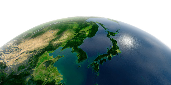 Detailed Earth on white background. Korea and Japan
