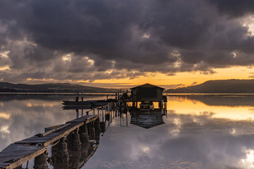 Moody Sunrise with Clouds, Wharf and Oyster Shack