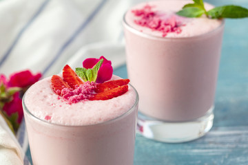 Close up of fruit yougurt smoothie - health living concept