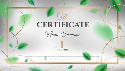 Gift certificate vector template design. Abstract creative spring layout with green leaves and golden color rich elegant decoration