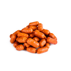 Smoked sausages in natural casing brown color on white background