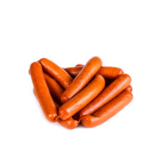 Smoked sausages in natural casing brown color on white background