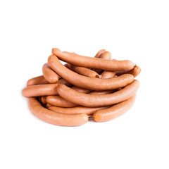 Boiled tasty sausages in a natural casing on a white background