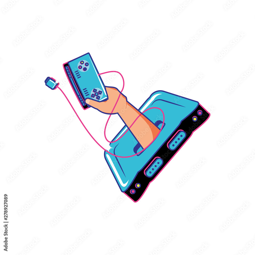 Poster hand user with retro video game console
