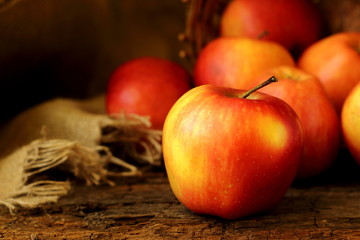 Red- yellow apples and rough fabric are on a background of dark wood selective fokus, close-up.