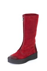 Woman high knee leather boots isolated on white background