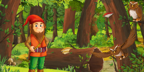 Obraz na płótnie Canvas cartoon scene with happy dwarf in the forest near some owls birds - illustration for children