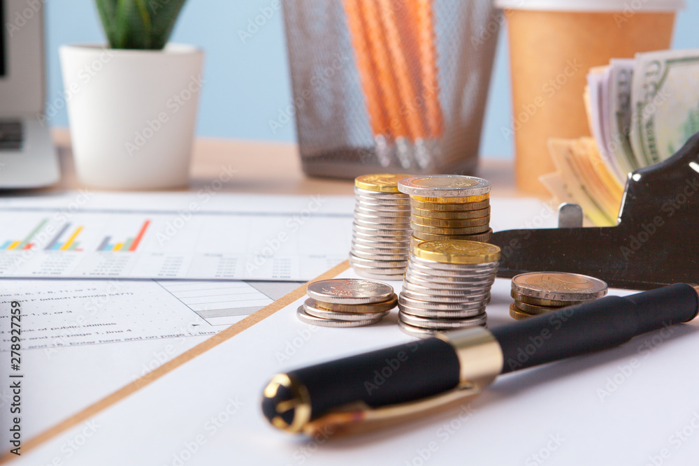 Poster saving stack coins money concept. graph, chart document close up