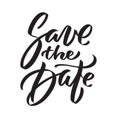 Save the date ink writing in modern calligraphy style. Text lettering for wedding card. One color phrase brush calligraphy. Vector isolated on white.