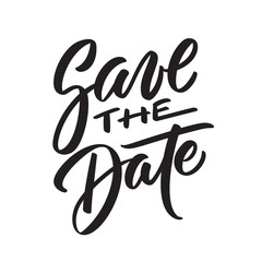 Save the date ink writing in modern calligraphy style. Text lettering for wedding card. One color phrase brush calligraphy. Vector isolated on white.