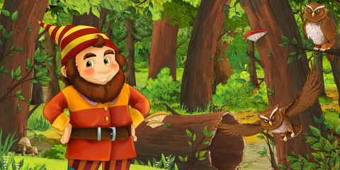 cartoon scene with happy dwarf in the forest - illustration for children
