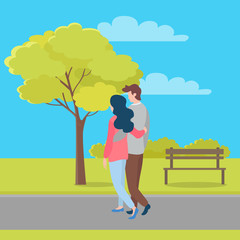 Embracing people in love and summer season, man and woman walking outdoors, trees on background. Vector hugging couple back view, happy lovers