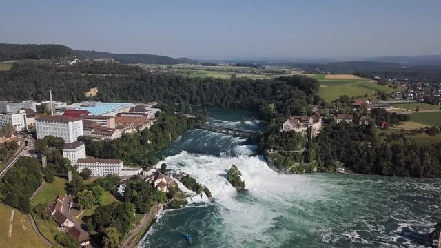 Aerial panorama of Rhine Falls, the largest waterfall in Switzerland and Europe.