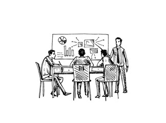 Obraz premium Sketch illustration of successful business people making strategy and plan.Vector office concept.