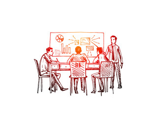 Sketch illustration of successful business people making strategy and plan.Vector office concept.