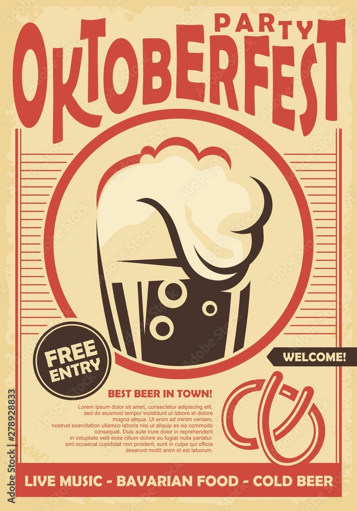 Wall mural Oktoberfest party poster design invitation with beer glass graphic. Retro flyer beer party concept on old paper texture. Vector illustration.