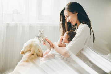 Beautiful young mother with a baby girl and a cute Labrador at home. Young mother with her cute baby playing with dog.