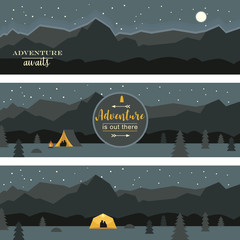 Fototapeta na wymiar Set of horizontal banners, Adventure and travel theme, night camping, forest and rocky mountains starry sky
